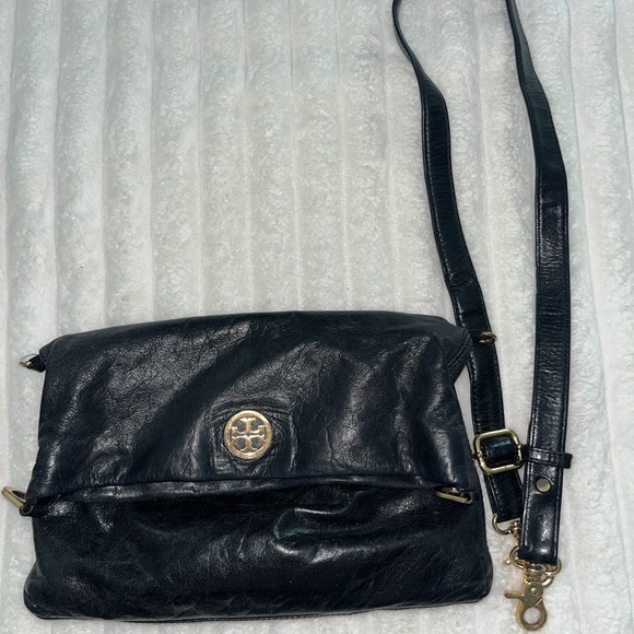Vintage Tory Burch Dena Fold Over Black Leather Crossbody Bag - Picture 7 of 8